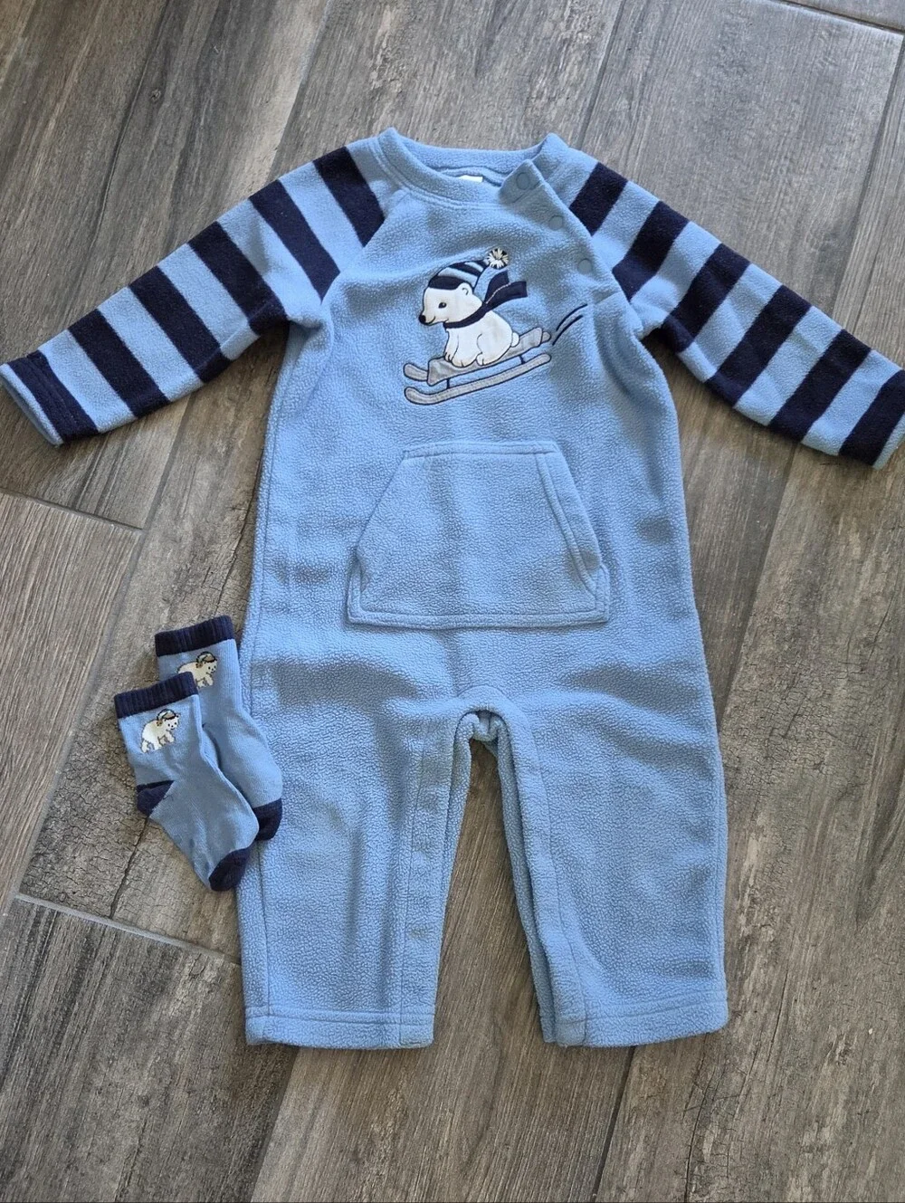 Gymboree EUC 12-18 Blue Fleece Polar Bear One-Piece Romper and Socks